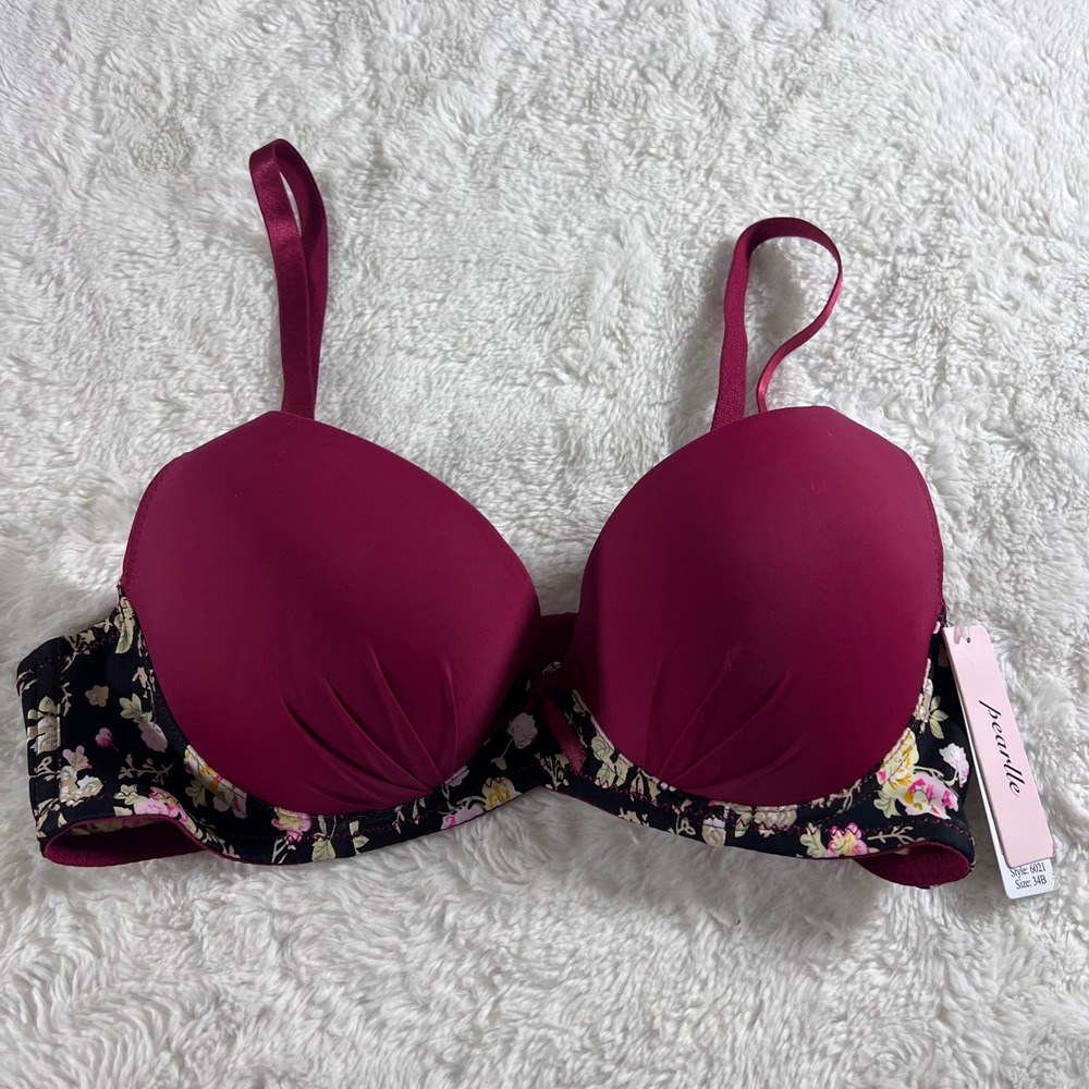 Pearlle Deep Berry Floral Gathered Full Coverage Underwire Bra 6021 Size 34B NEW